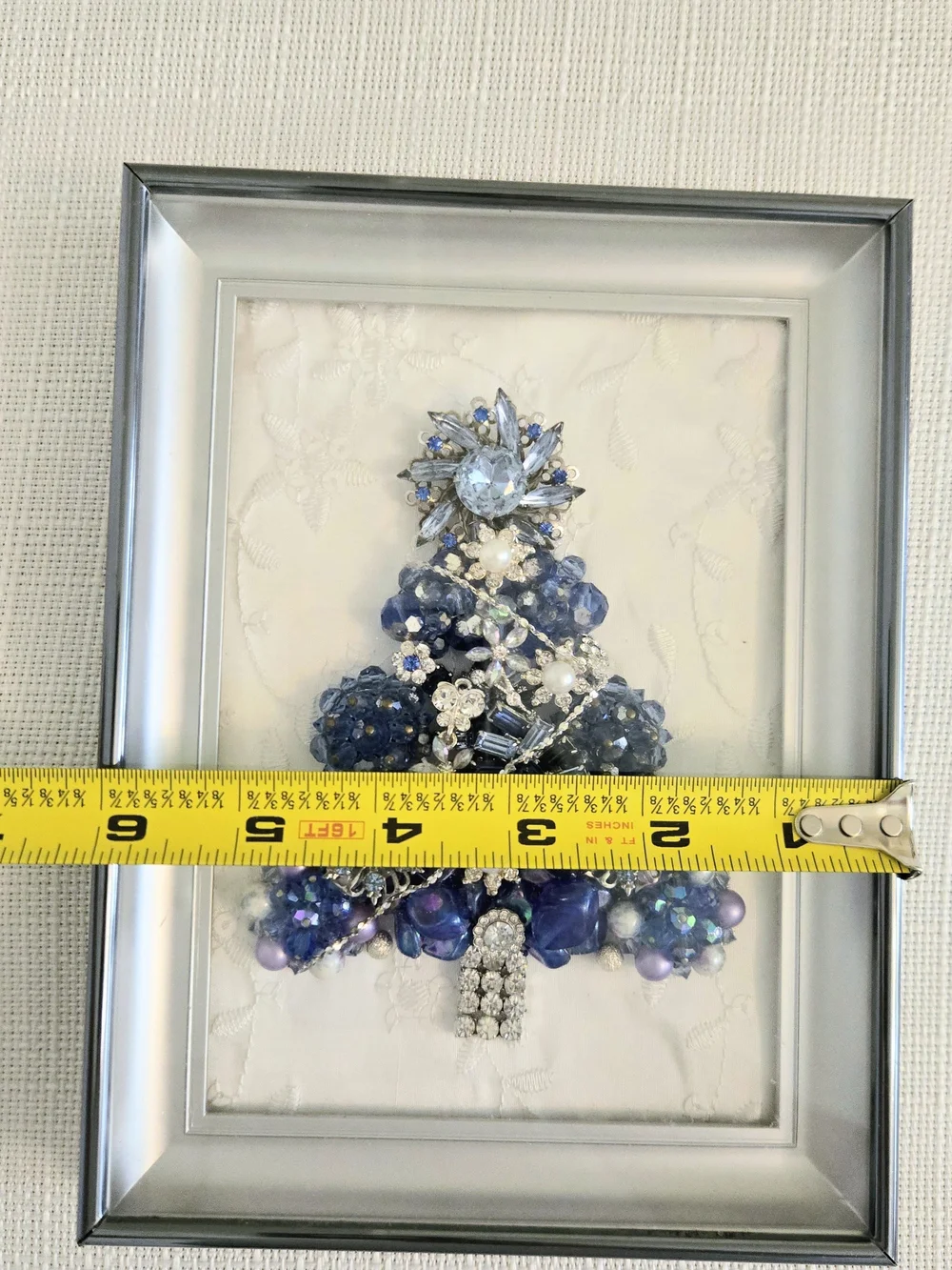 Vtg Costume Jewelry Framed Christmas Tree Blue Rhinestones Grandma's Brooch
